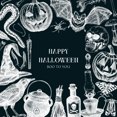 Halloween party invitation design template. Halloween pumpkins, sculls, poisonous mushrooms, bat, raven, snake sketches. Chalkboard background. Hand drawn vector illustration. Banner, card, frame
